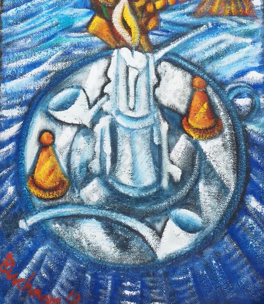 Dean Buchanan - Religious Painting with Fruit, Fish, Candles, Blue & White. Oil On Sacking Canvas. Signed Image 1++