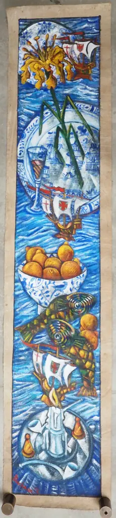 Dean Buchanan - Religious Painting with Fruit, Fish, Candles, Blue & White. Oil On Sacking Canvas. Signed Image 1++