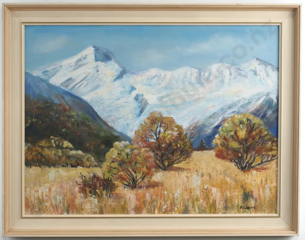A.C.Hope- ' Alpine Backdrop', Oil on Board Image 1++