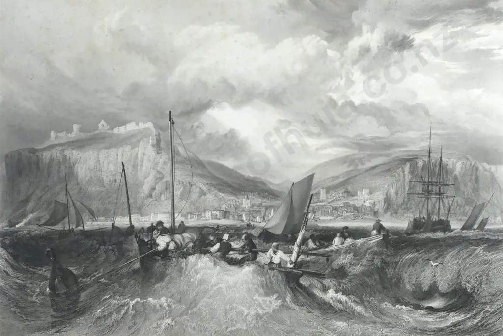Antique 1851 Etching 'Hastings',- R. Wallis, 1851 Image 1++