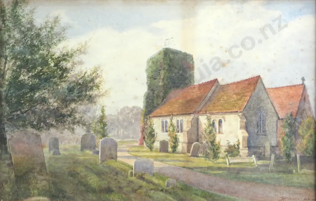 R Warren Warren - Country Church w Graveyard, Watercolour Image 1++