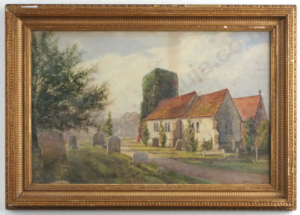 R Warren Warren - Country Church w Graveyard, Watercolour Image 1++