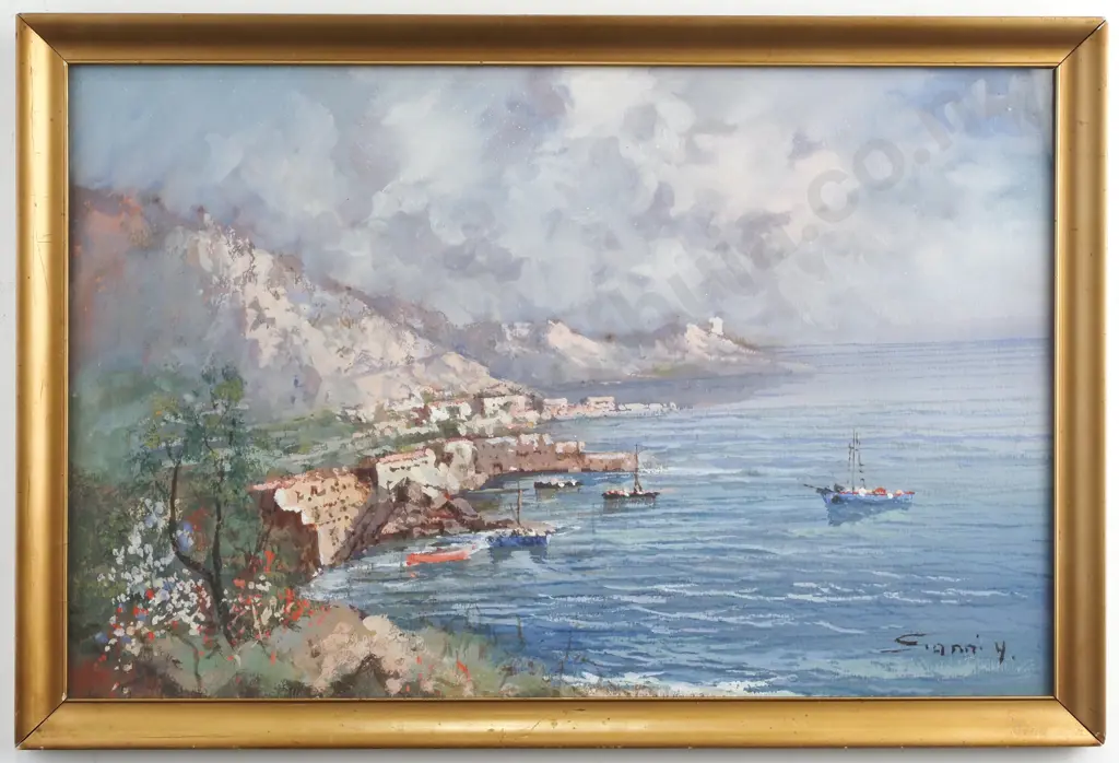Gianni Y - 'Italian Cliffside Fishing Village', Gouache Image 1++