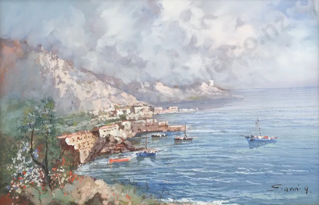 Gianni Y - 'Italian Cliffside Fishing Village', Gouache Image 1++