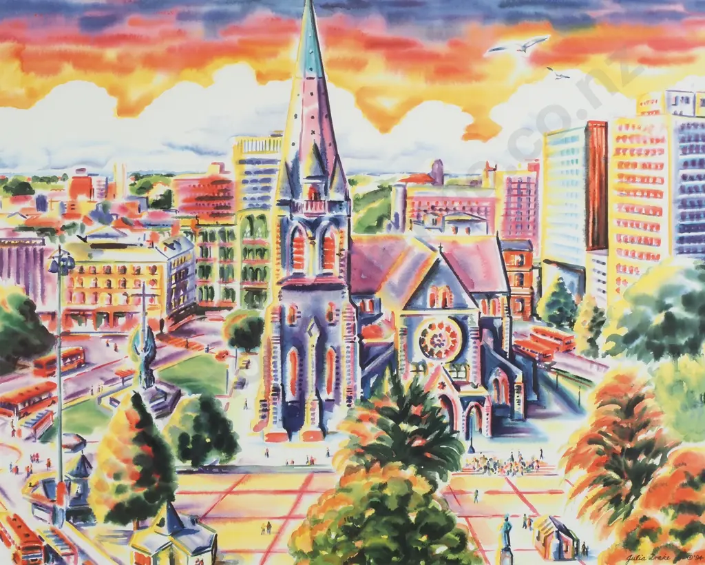 Julia Drake - 'Springtime Cathedral Square' Print Behind Glass Image 1++