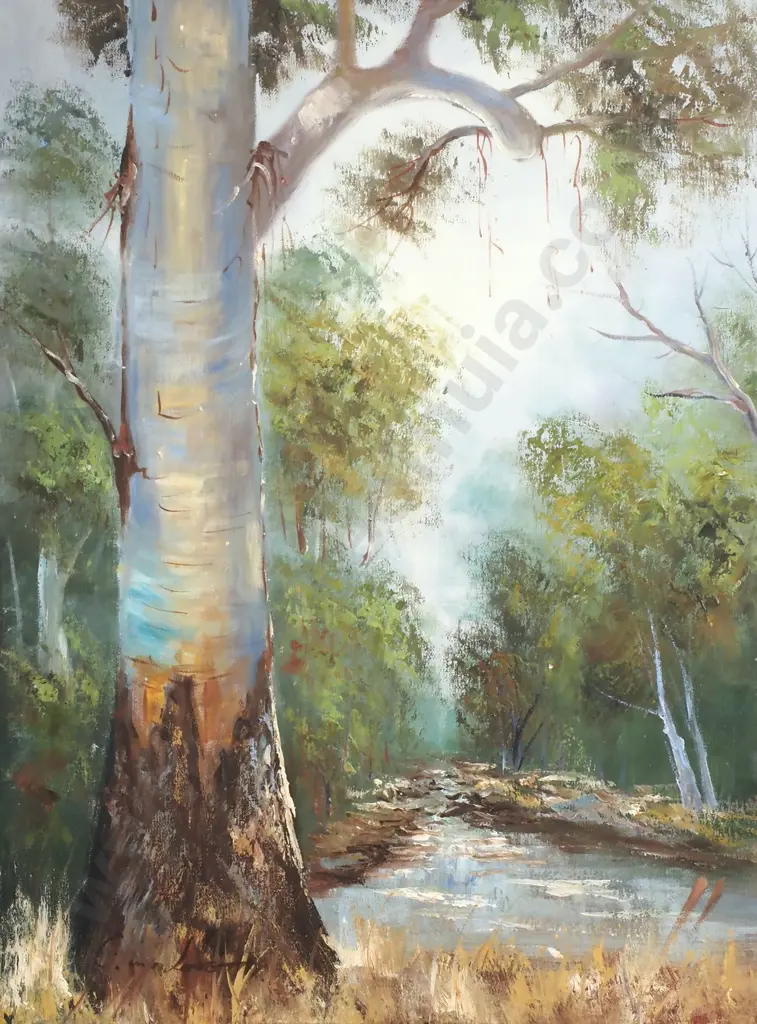 C M Lorrett - Australian Landscape w Gum Tree , Oil Image 1++