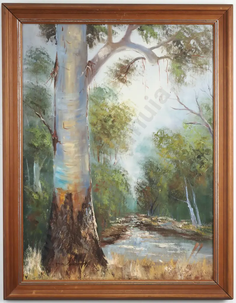 C M Lorrett - Australian Landscape w Gum Tree , Oil Image 1++