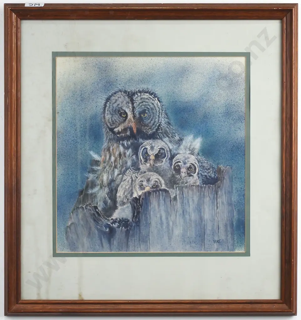 Platt - Owl Family in Tree Stump, Watercolour Image 1++