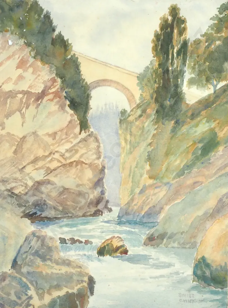 C Wickham -  Landscape w Bridge, Watercolour Image 1++