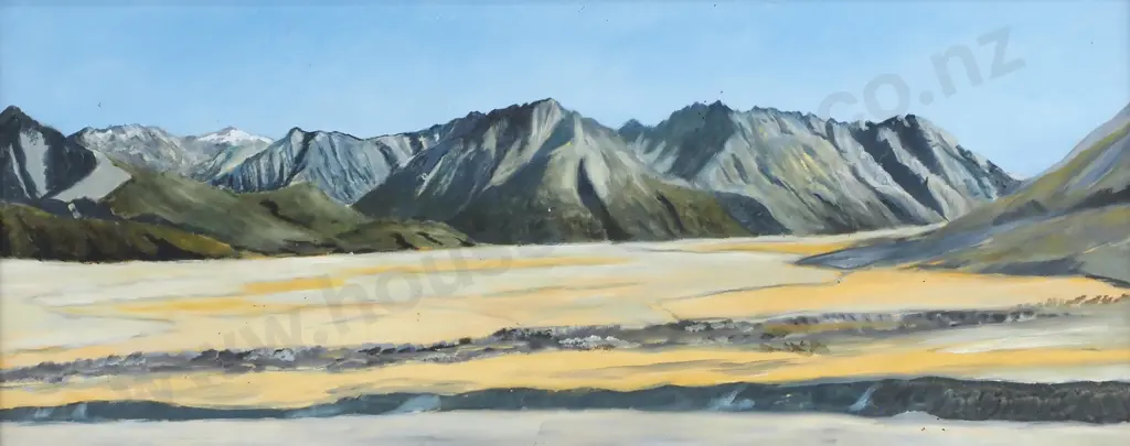 D A Schofield - Riverbed w Mountains Scene, Oil on Board Image 1++