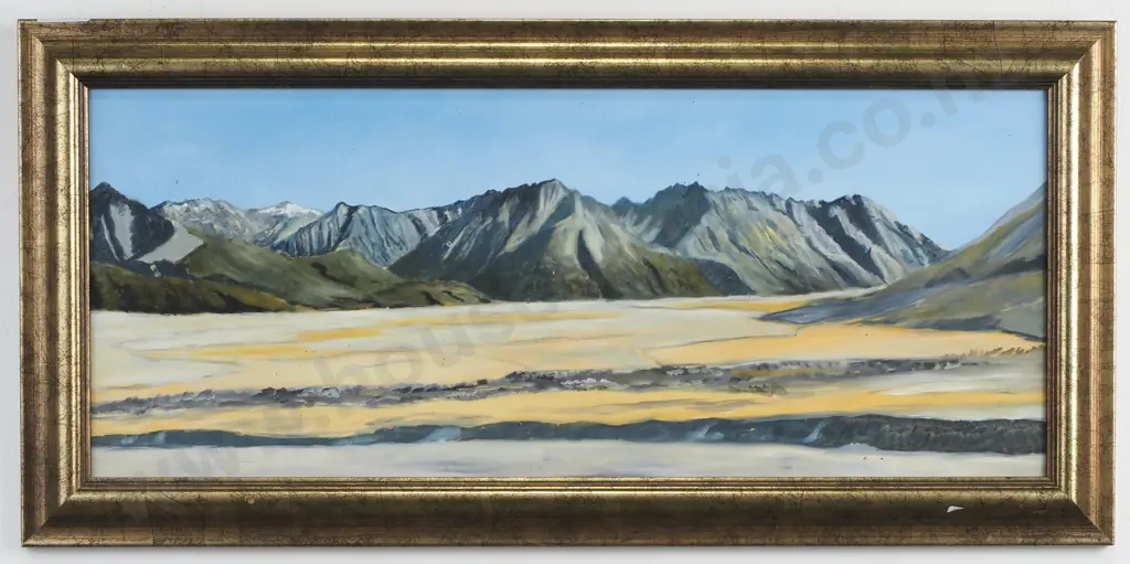 D A Schofield - Riverbed w Mountains Scene, Oil on Board Image 1++