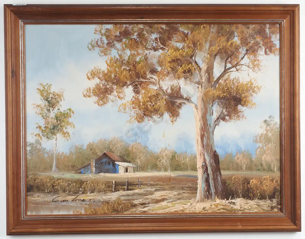C M Lorrett - Australian Landscape w Gum Tree & Shed, Oil Image 1++
