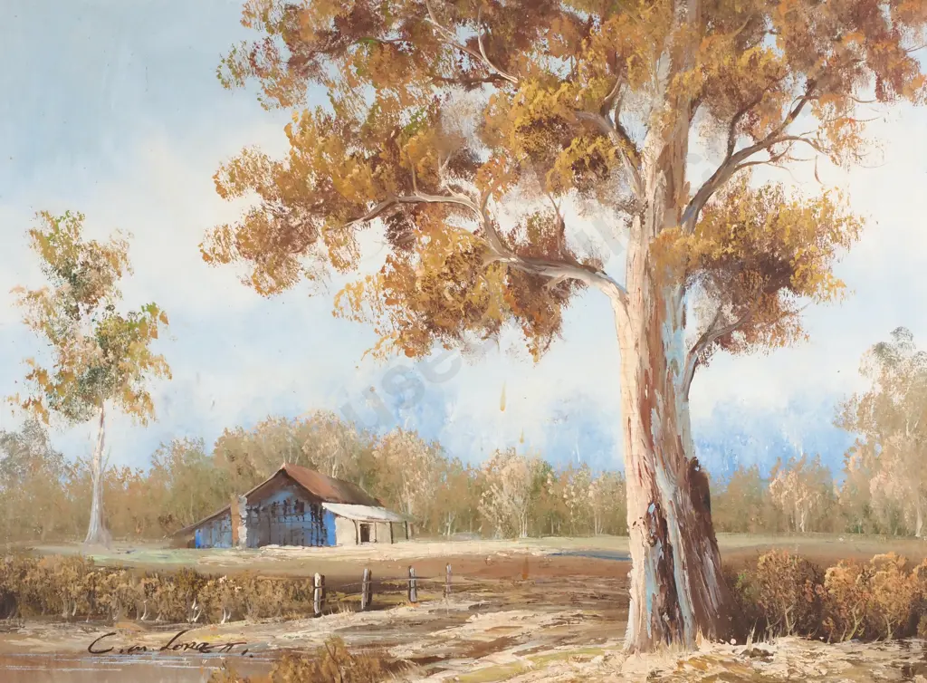 C M Lorrett - Australian Landscape w Gum Tree & Shed, Oil Image 1++