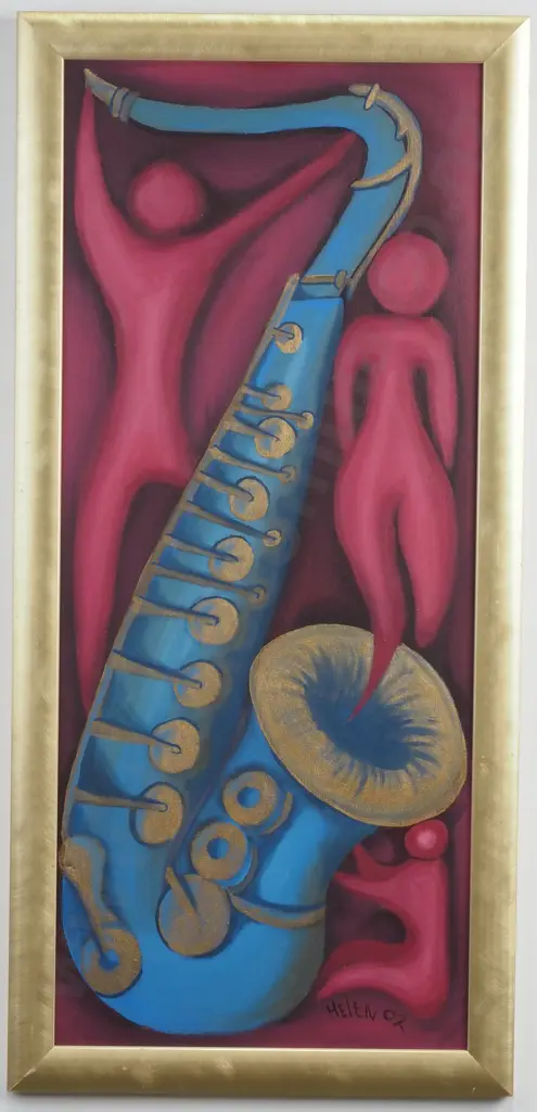 Helen , Blue Saxophone w Dancing Figures, Acrylic Image 1++
