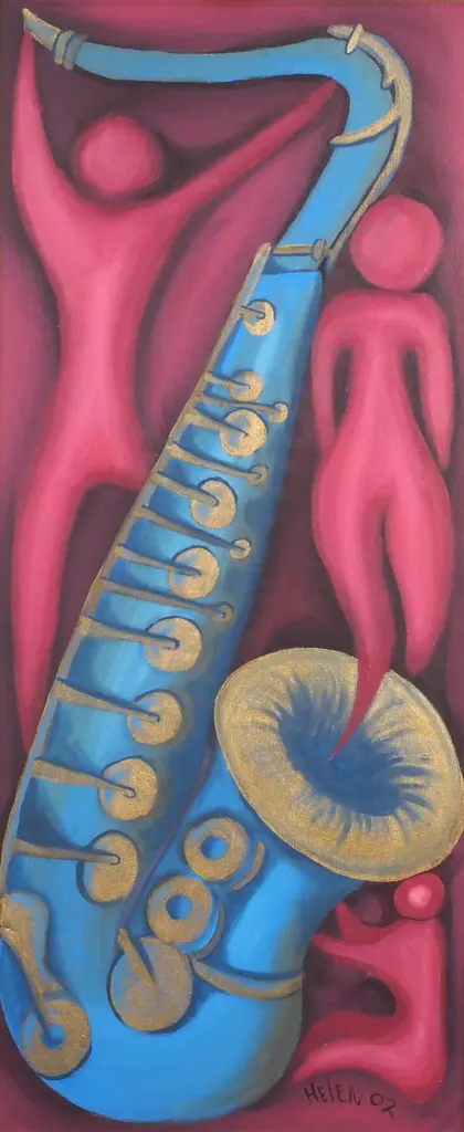 Helen , Blue Saxophone w Dancing Figures, Acrylic Image 1++