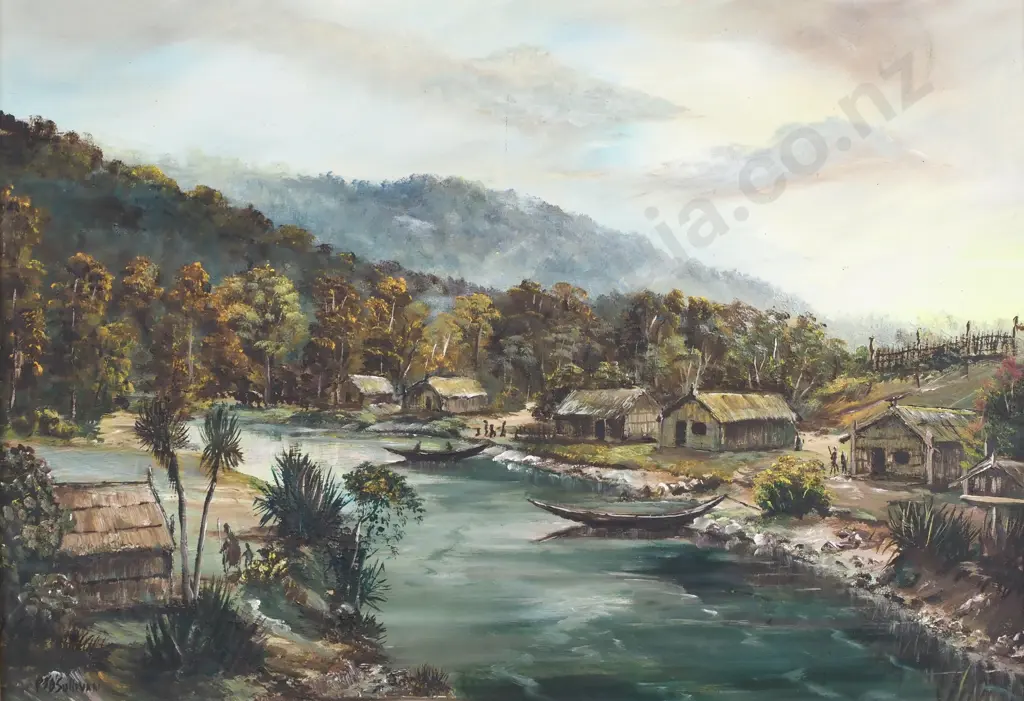 PJ O'Sullivan Maori Pa, Ngaruawahia Near Rotorua, Oil Image 1++