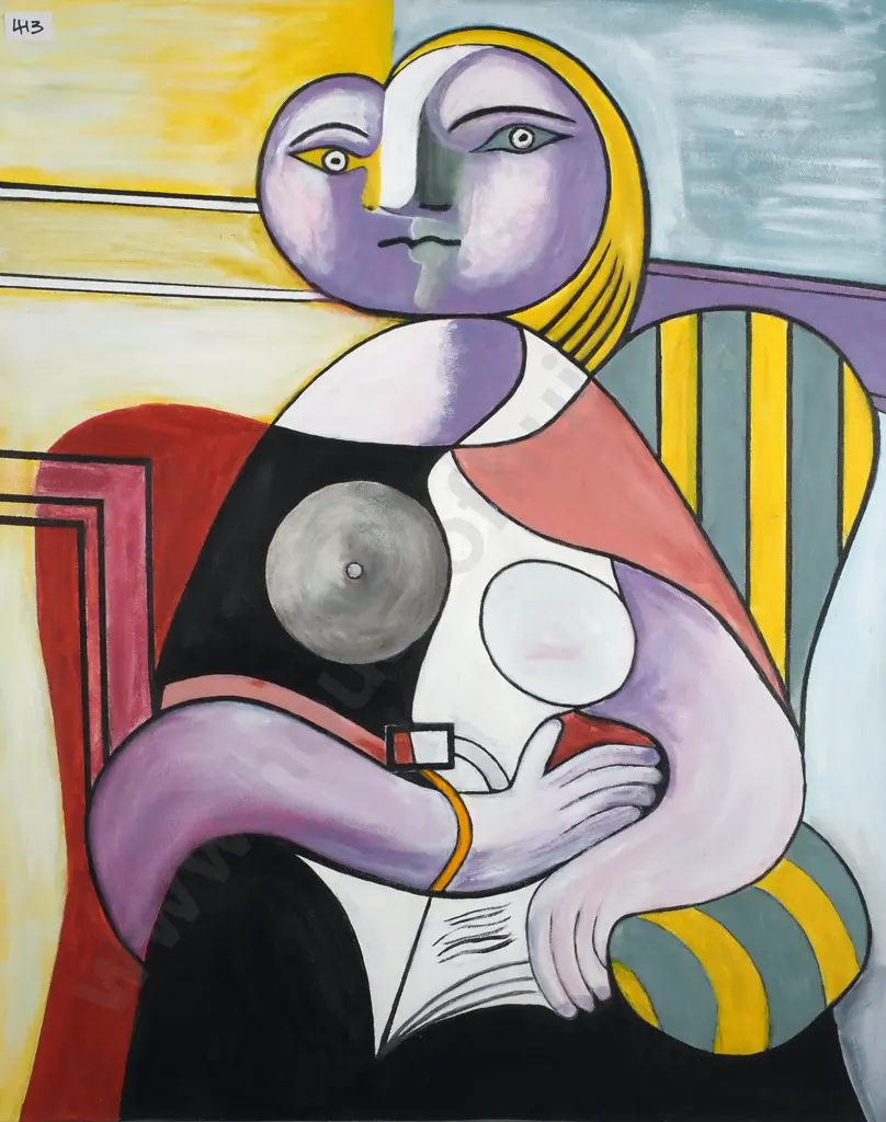Artist Unknown ' Lady in Green Striped Chair',  Acrylic on Canvas, Picasso Copy Image 1++