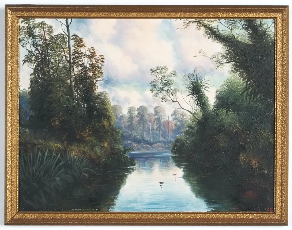 J.L.W. Hughs - 'Native Bush River Scene', Oil on Board, 1928 Image 1++