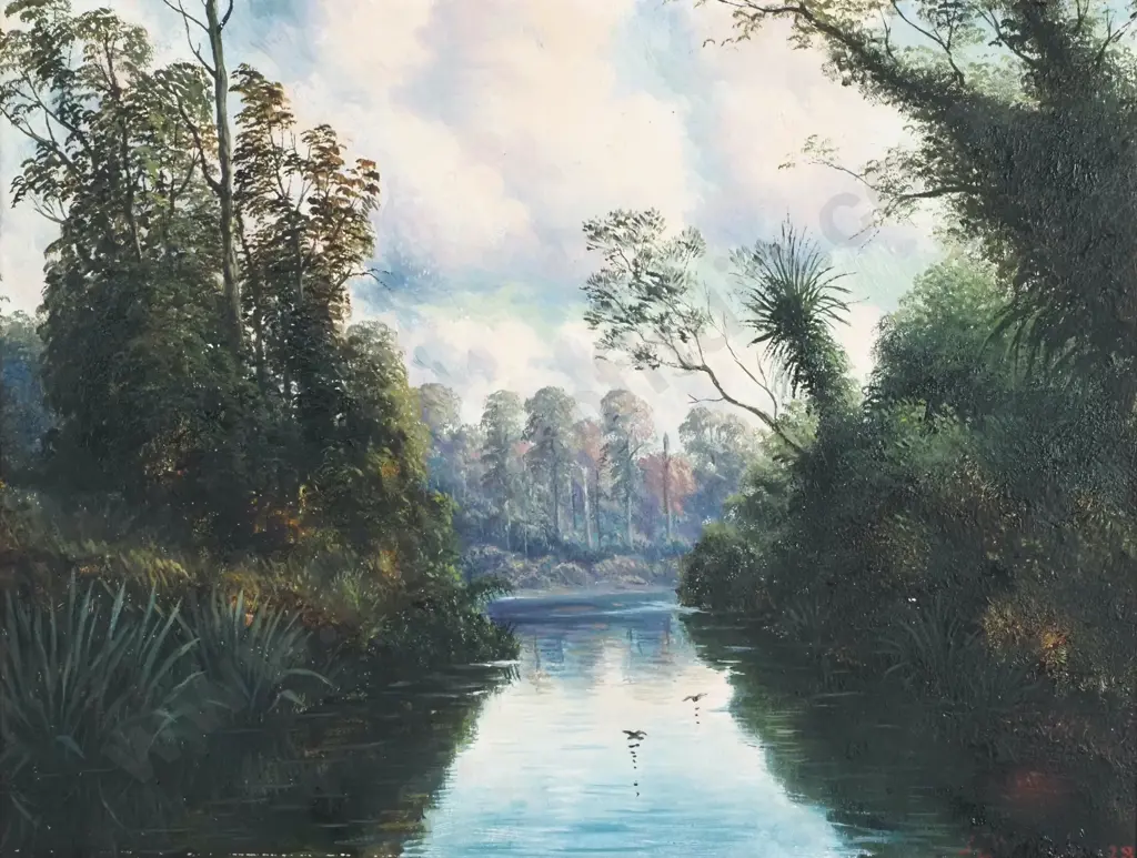 J.L.W. Hughs - 'Native Bush River Scene', Oil on Board, 1928 Image 1++