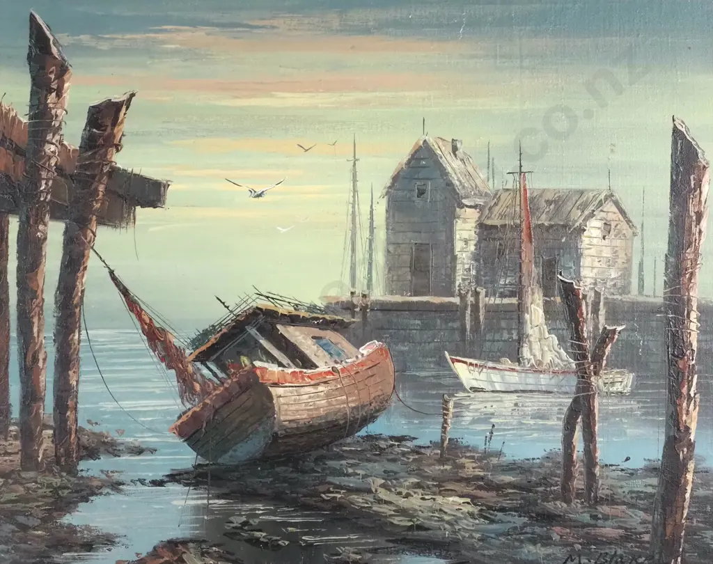 M Blake - Harbour Scene w Boats, Oil on Board Image 1++