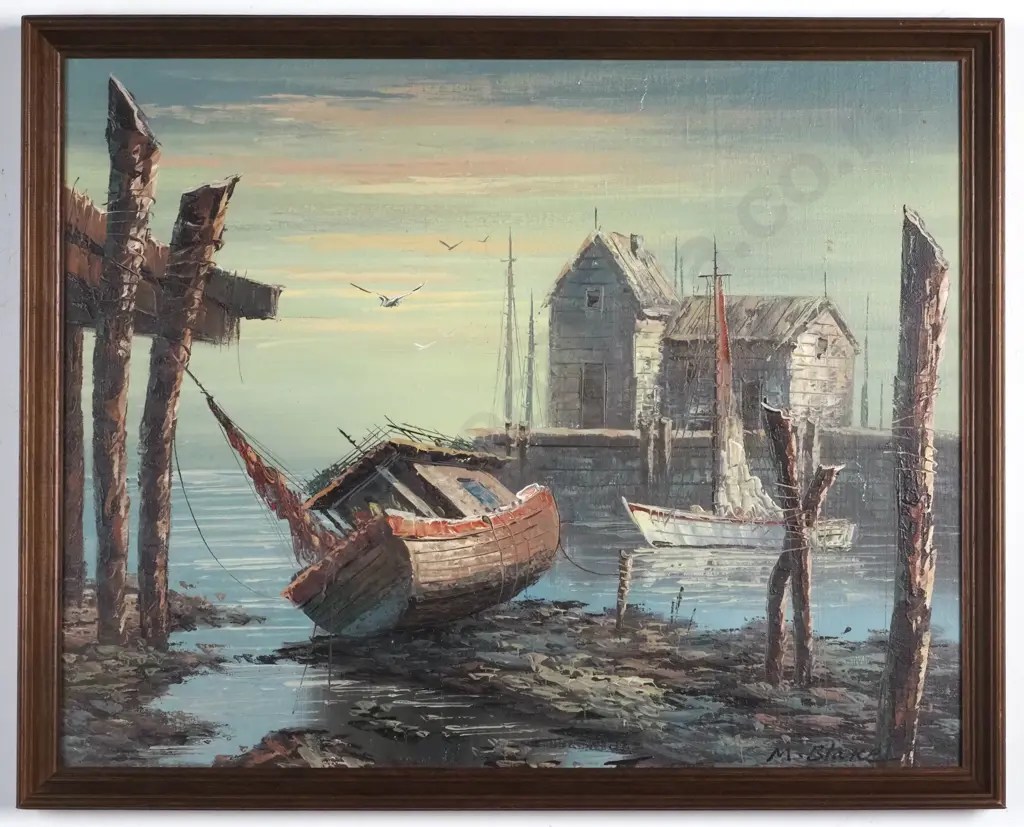 M Blake - Harbour Scene w Boats, Oil on Board Image 1++