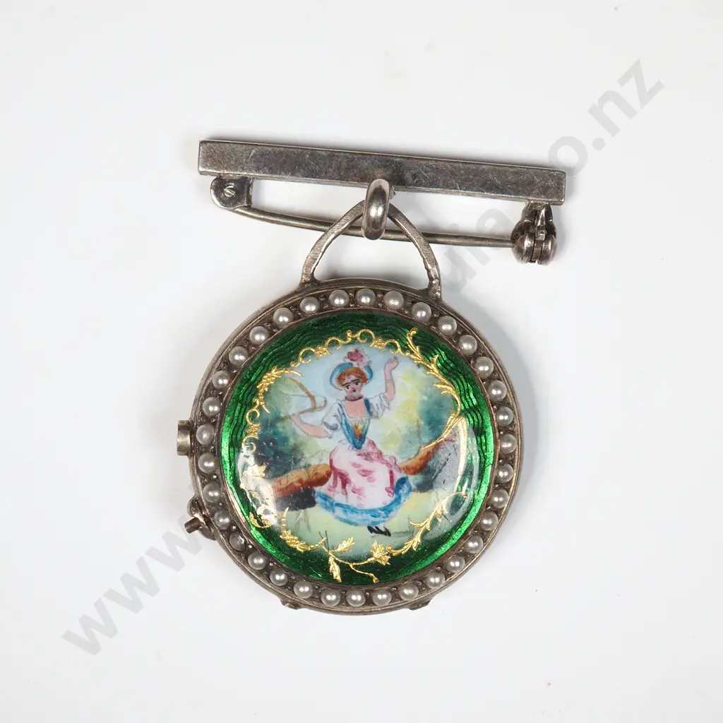Exquisite Seed Pearl & Hand Painted Enamel Suspended Pocket Watch A/F Image 1++