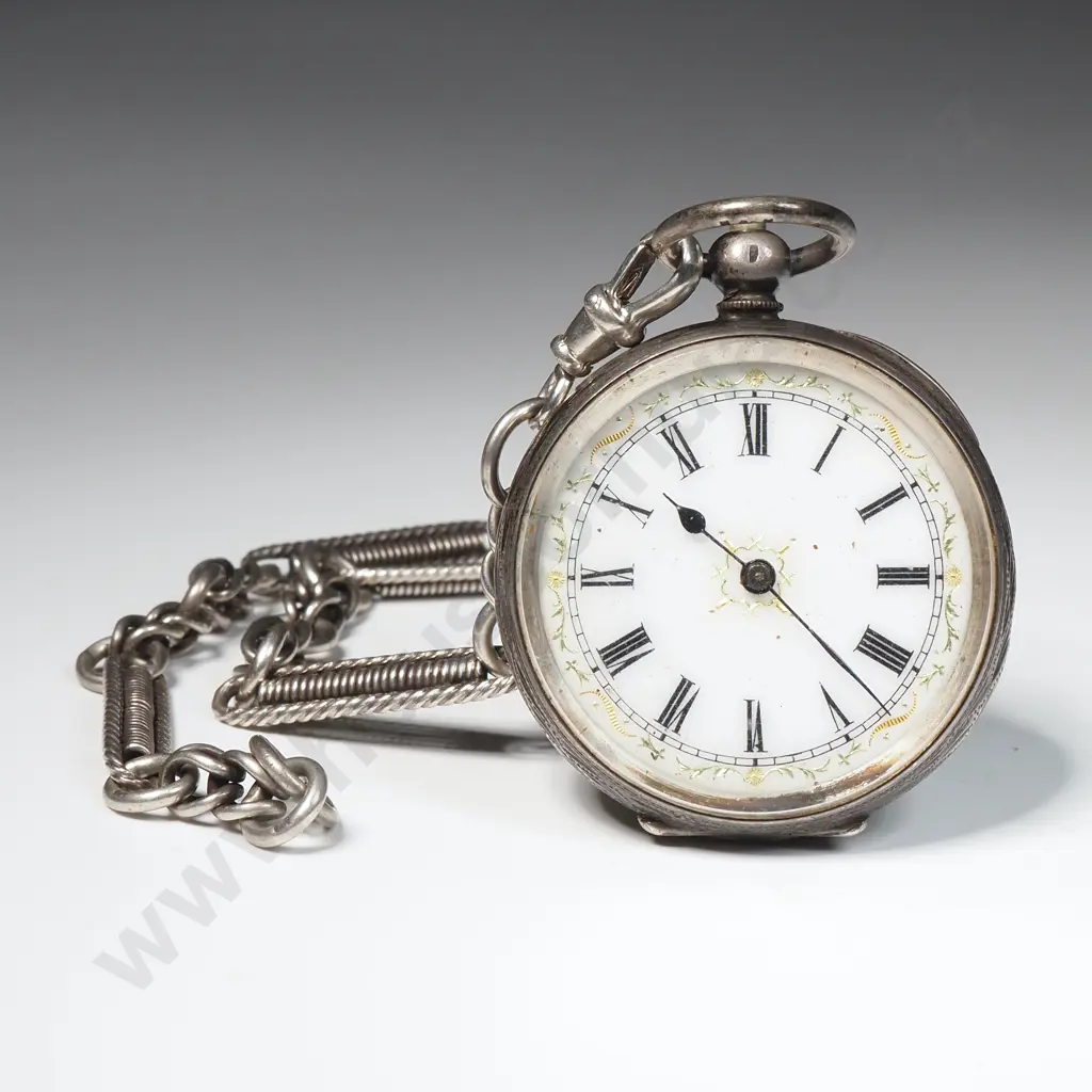 Sterling SIlver Pocket Watch on Silver Fancy Link Chain Image 1++