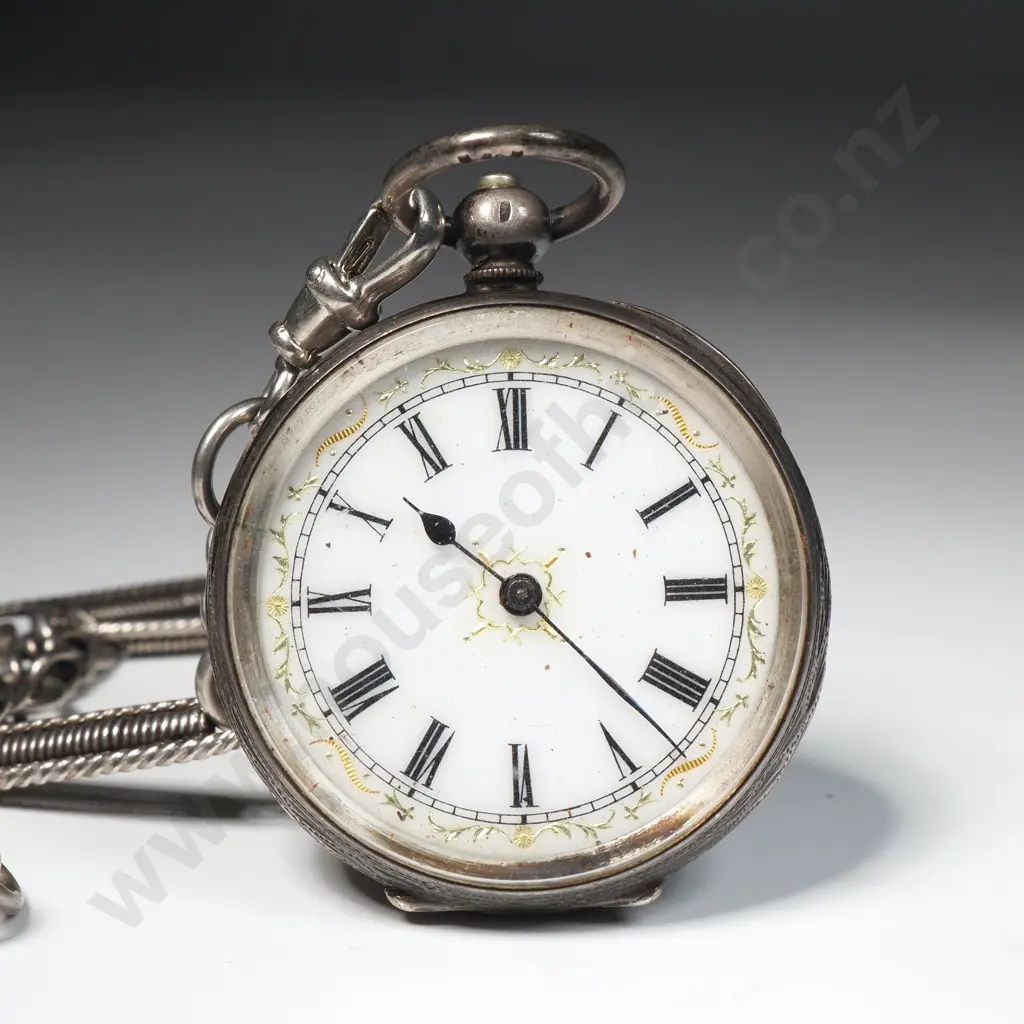Sterling SIlver Pocket Watch on Silver Fancy Link Chain Image 1++