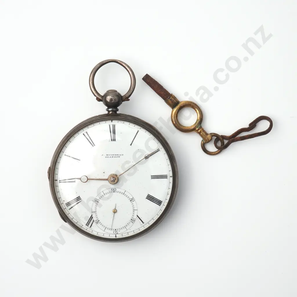 Sterling SIlver Open Face Pocket Watch w Key - J Muirhead Glasgow Image 1++