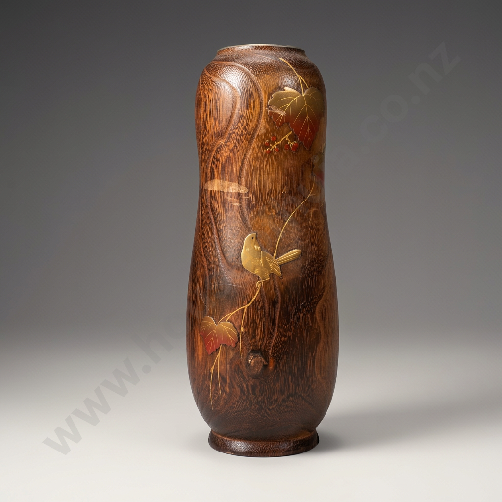 Vintage Japanese Kiri Wood Ikebana Vase w Bird and Leaf Decoration Image 1++