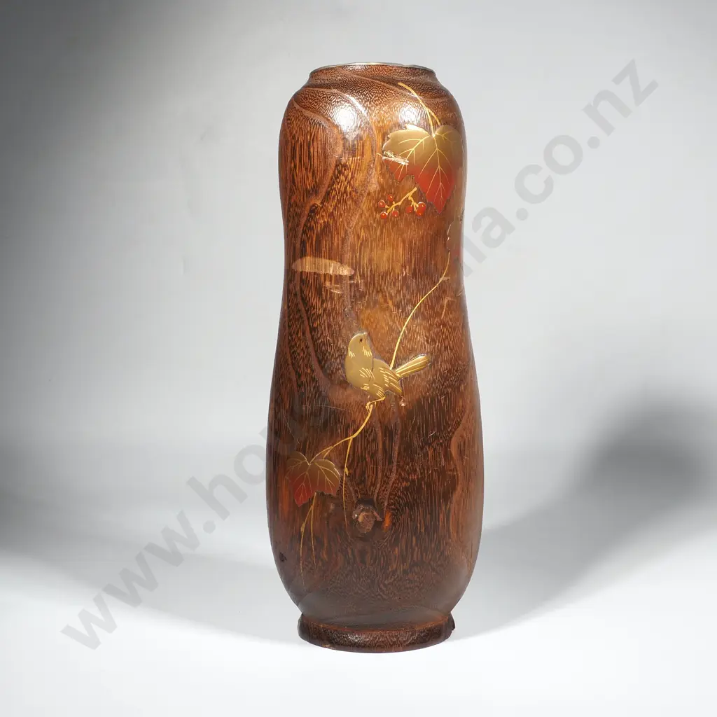 Vintage Japanese Kiri Wood Ikebana Vase w Bird and Leaf Decoration Image 1++