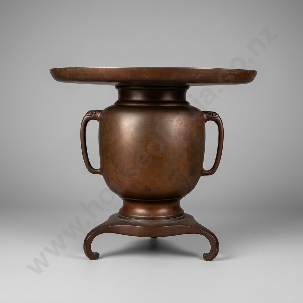 Japanese Bronze  Usubata Vase, Designed for Ikebana Flower Arranging w Globular Body & Relief Scenes Image 1++