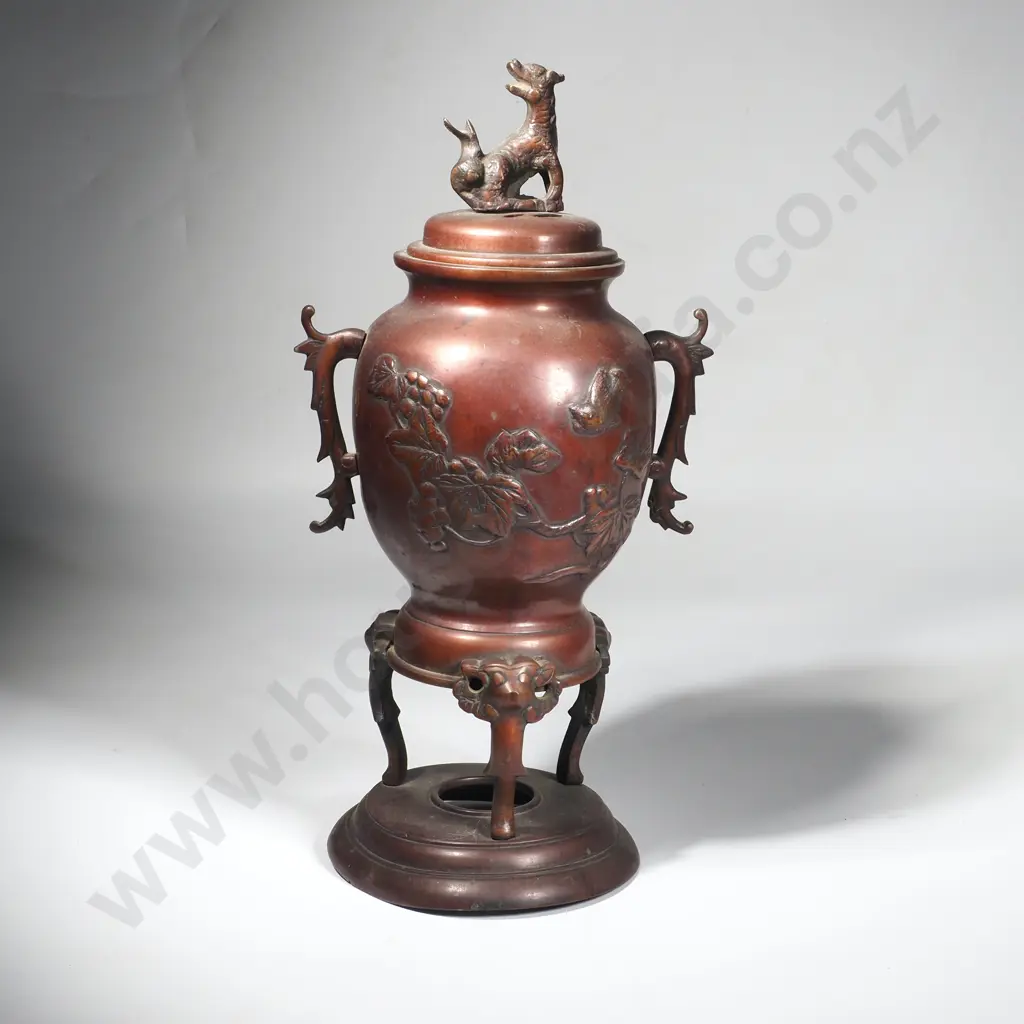 Japanese Bronze Incense Burner w Foo Dog Finial & Resting on Three Legs Image 1++