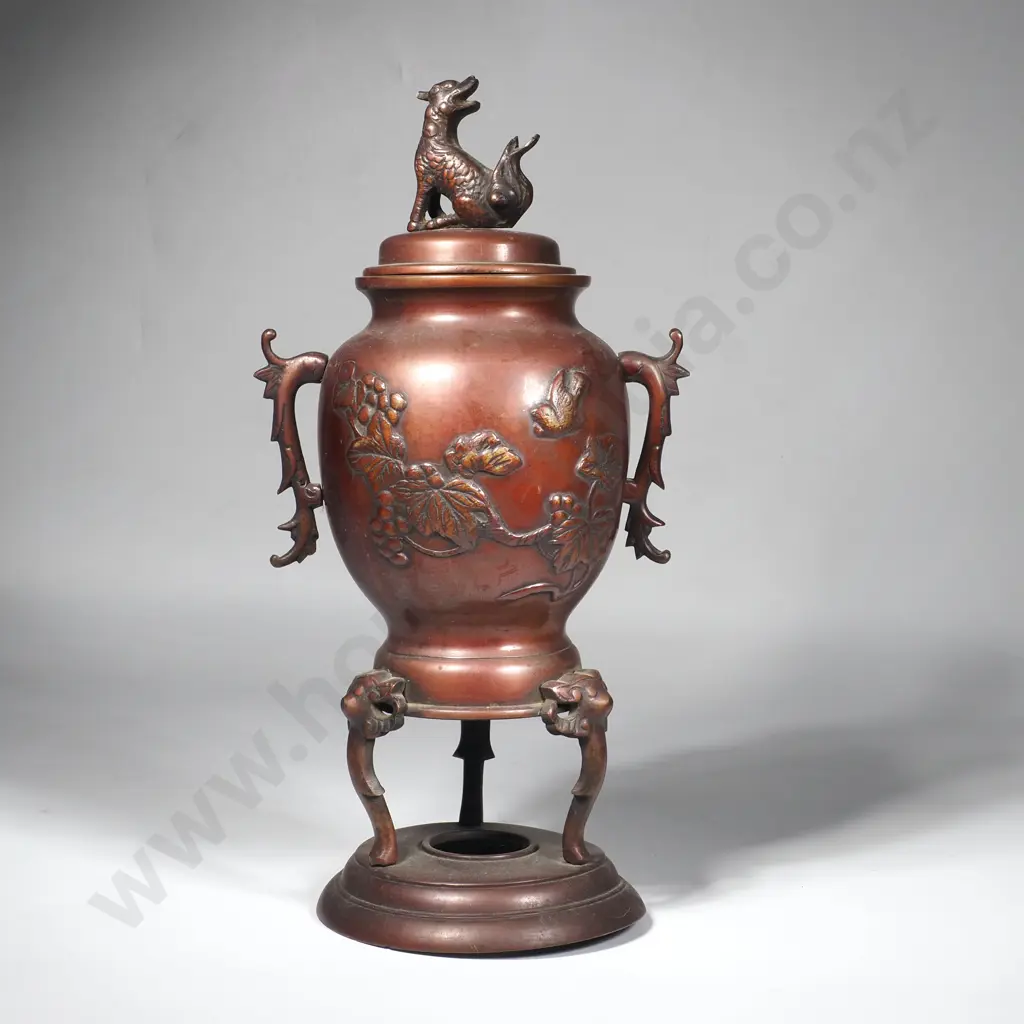 Japanese Bronze Incense Burner w Foo Dog Finial & Resting on Three Legs Image 1++