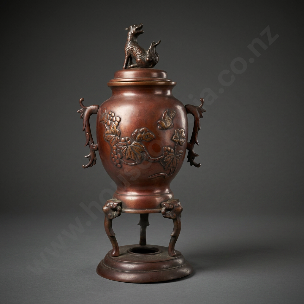 Japanese Bronze Incense Burner w Foo Dog Finial & Resting on Three Legs Image 1++