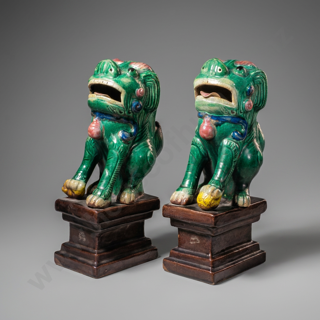 Vintage Pair of Handmade Pottery Foo Dogs on Plinths Image 1++