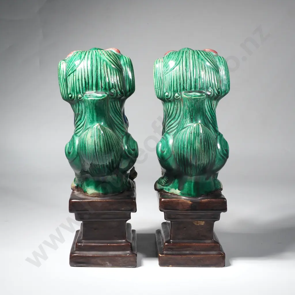 Vintage Pair of Handmade Pottery Foo Dogs on Plinths Image 1++