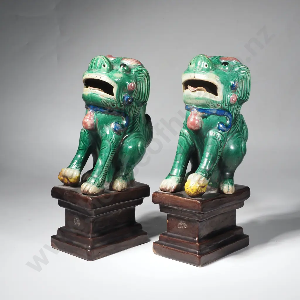 Vintage Pair of Handmade Pottery Foo Dogs on Plinths Image 1++