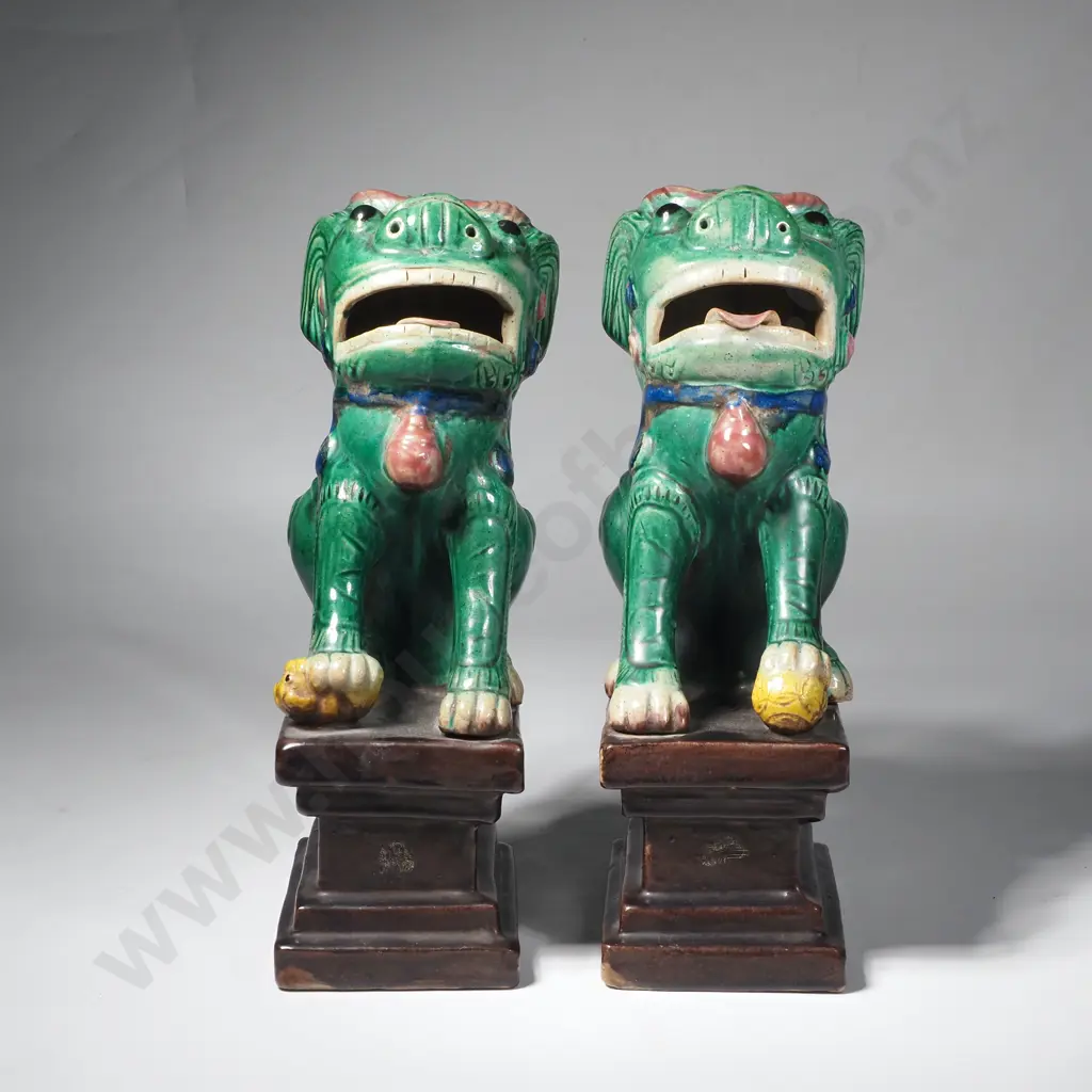 Vintage Pair of Handmade Pottery Foo Dogs on Plinths Image 1++