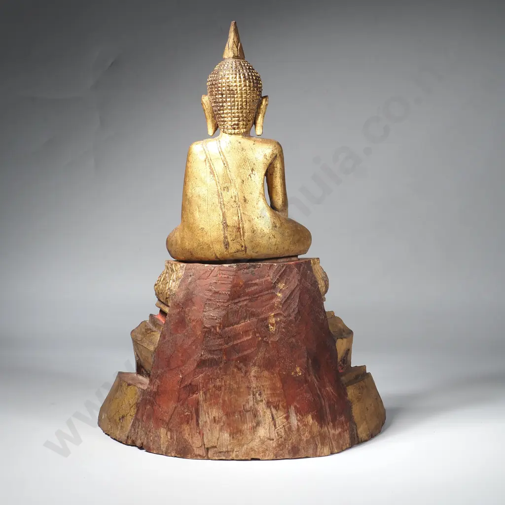 Thai Gilt Small Wooden Box Shrine w Carved Buddha Statue Above & Containing an Enclosed Space for Offerings Image 1++