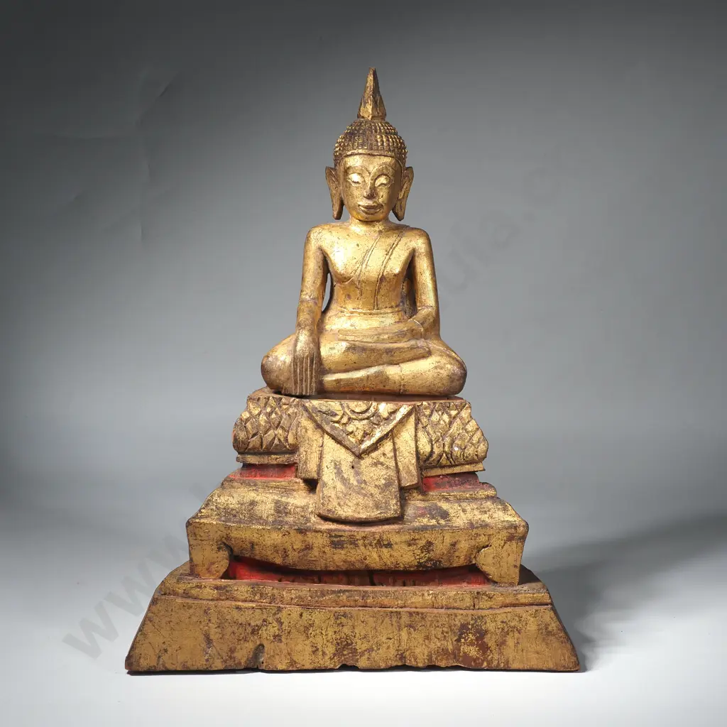 Thai Gilt Small Wooden Box Shrine w Carved Buddha Statue Above & Containing an Enclosed Space for Offerings Image 1++