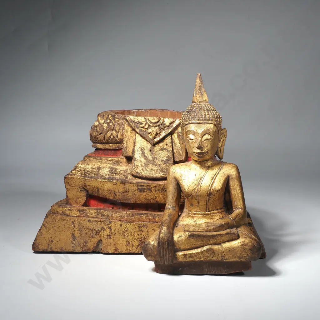 Thai Gilt Small Wooden Box Shrine w Carved Buddha Statue Above & Containing an Enclosed Space for Offerings Image 1++
