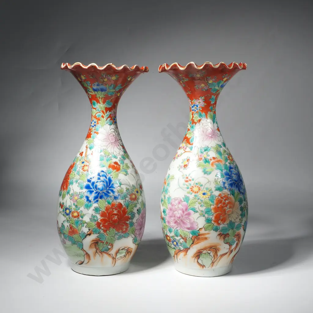 Pair of Japanese Imari Porcelain Vases w Intricate Floral Designs & a Scalloped Mouth Rim Image 1++