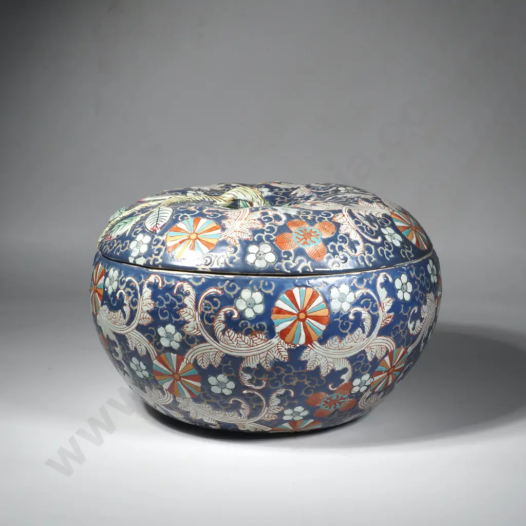 Large Vintage Chinese Export Enameled Lidded Pumpkin Shaped Bowl Image 1++