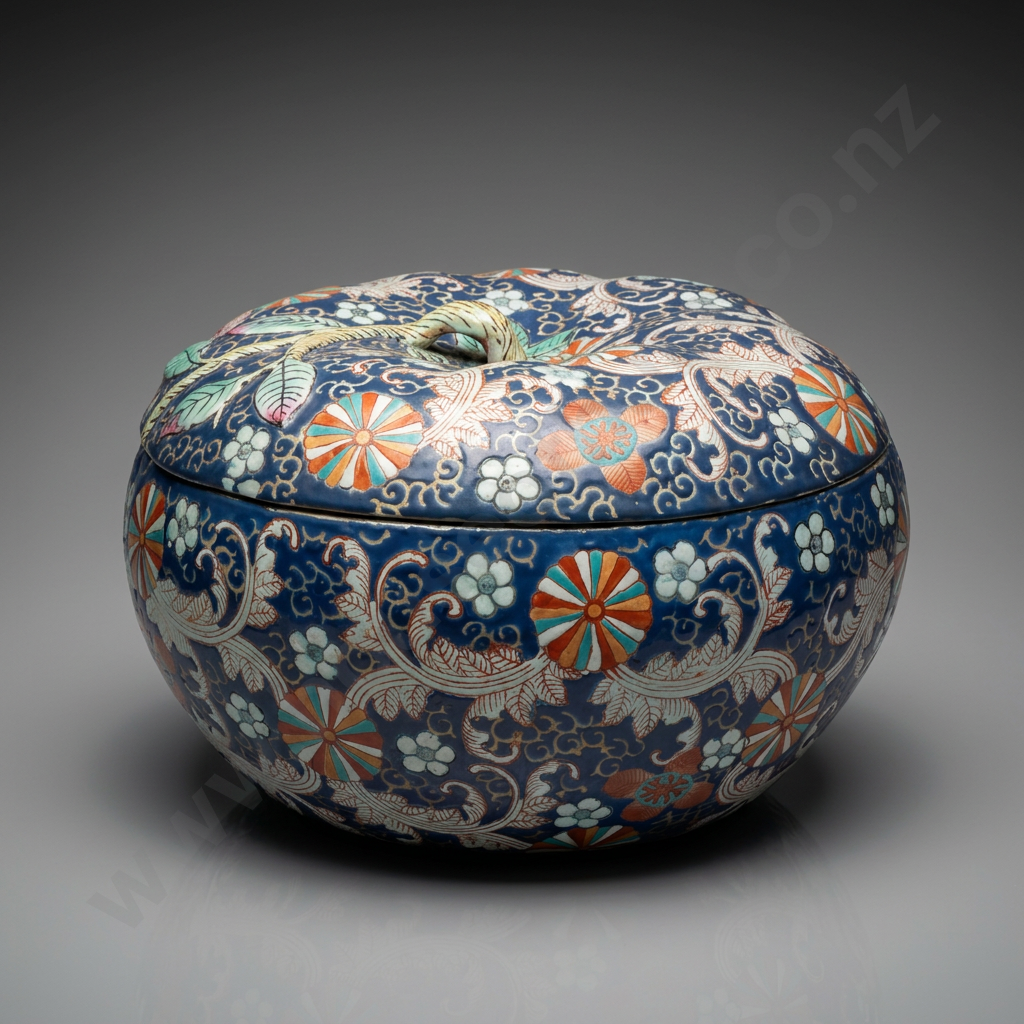 Large Vintage Chinese Export Enameled Lidded Pumpkin Shaped Bowl Image 1++