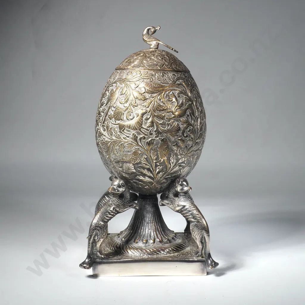 Exceptional Antique Decorative Indian Silver Plated Lidded Egg Shaped Container w Animal Supports Image 1++