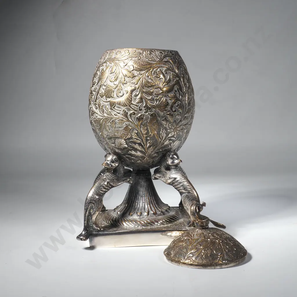 Exceptional Antique Decorative Indian Silver Plated Lidded Egg Shaped Container w Animal Supports Image 1++