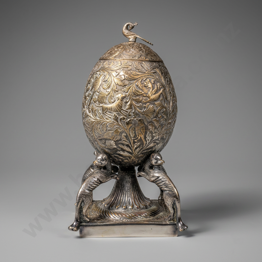 Exceptional Antique Decorative Indian Silver Plated Lidded Egg Shaped Container w Animal Supports Image 1++