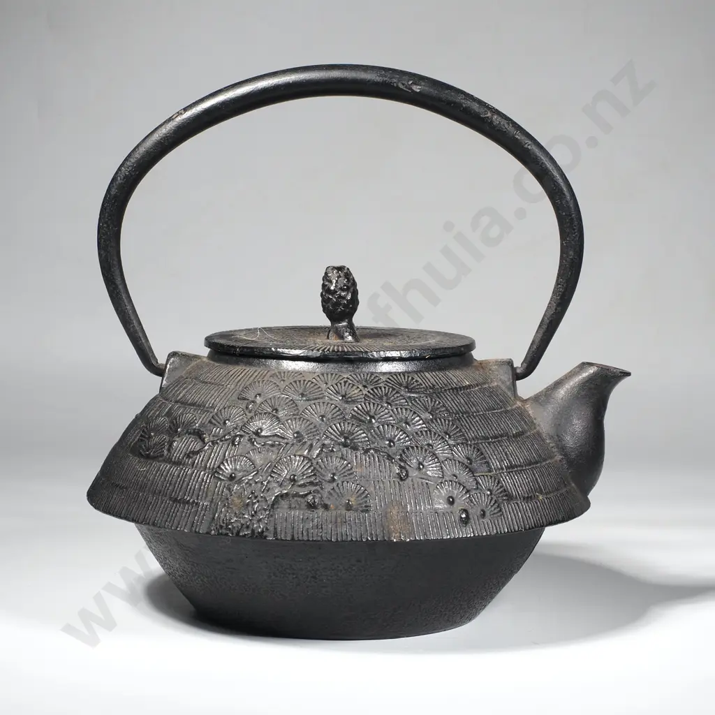 Antique Cast Iron Teapot or Tetsubin w Rustic Surface & Decorative Pine Motif on Body Image 1++