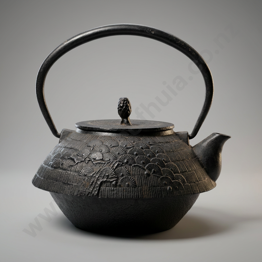 Antique Cast Iron Teapot or Tetsubin w Rustic Surface & Decorative Pine Motif on Body Image 1++